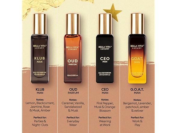 Bella Vita Luxury Long Lasting Perfume Gift Set for Man | 4x20ml | Gifts for Men | Woody, Citrusy, Oud, Premium Fragrance Scent | KLUB, OUD, CEO, G.O.A.T