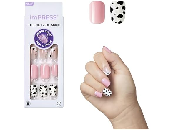 KISS imPRESS No Glue Mani Press On Nails, Design, 'One Chance', Light Pink, Short Size, Squoval Shape, Includes 30 Nails, Prep Pad, Instructions Sheet, 1 Manicure Stick, 1 Mini File