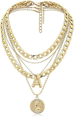 MJartoria Gold Layered Necklaces for Women Trendy Balloon Initial Pendant Necklace Dainty Chunky Chain Choker Necklaces Jewelry Birthday Gifts