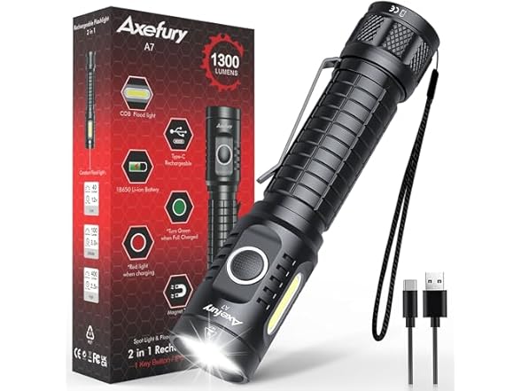 axefury Flashlight, Rechargeable Magnetic LED Flashlight High Powered 1300 Lumens,Tactical LED Light Torch COB Work Light,9 Modes,IP67 Outdoor Gear A7