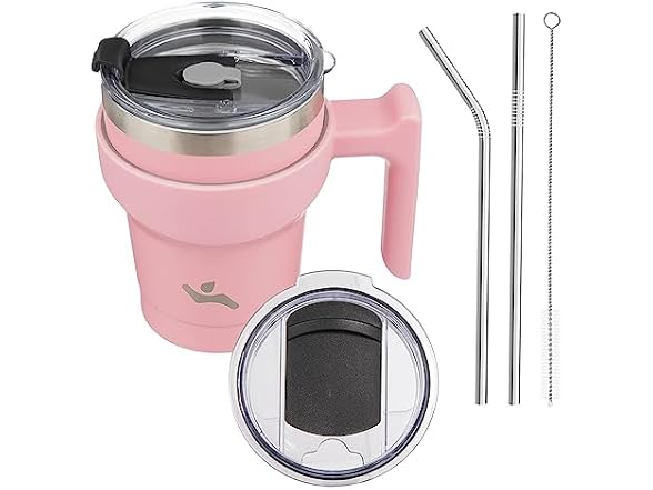 10 oz Tumbler with Handle and 2 Straw 2 Lid, Insulated Water Bottle Stainless Steel Vacuum Cup Reusable Travel Mug, Light Pink