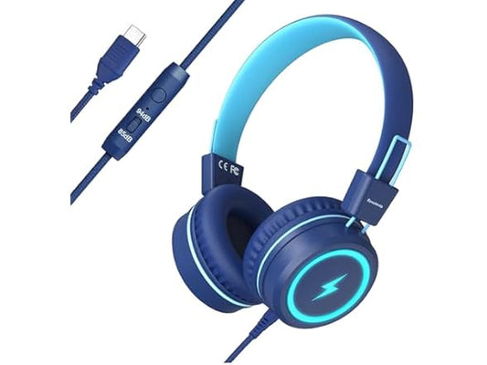 Bywulanda Kids Headphones with LED Lights - Wired USB-C with Microphone & Volume Limiter 85/94dB