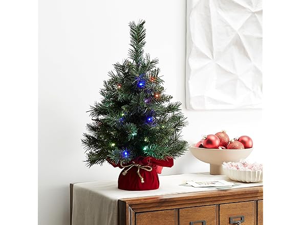 National Tree Company Pre-lit Artificial Mini Christmas Tree | Includes Multi-Color LED Lights and Cloth Bag Base | Majestic Fir - 2 ft