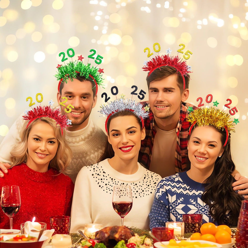 5 Packs Christmas Headbands 2025 New Year Hairband Xmas Glitter Hair HoopTinsel Hair Accessories For Christmas New Year Party Celebration Headdress Decorations