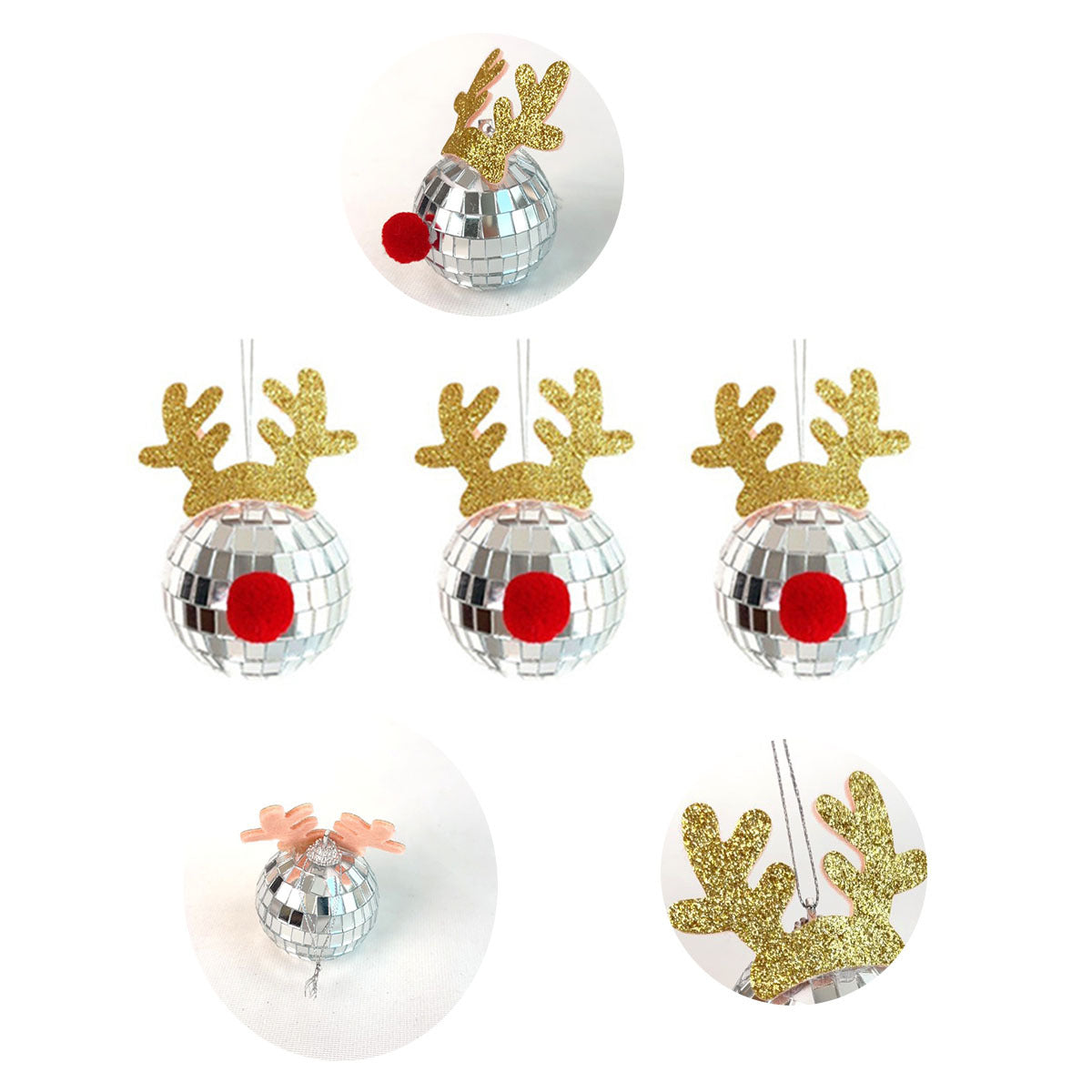 5 Pcs Christmas Silver Disco Mirror Ball With Rope Reflective Mirror Ball Hanging Bright Elk Horns Xmas Ball Ornament For Christmas Tree Birthday Wedding Party Dance Music Festivals Decor Supplies