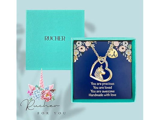Rucher Unicorn Necklace for Girls Kids with Personalized Initial Heart Pendant, 18K Gold Fashion Jewelry for Girls, Colorful Heart Necklace for Birthday Gifts.