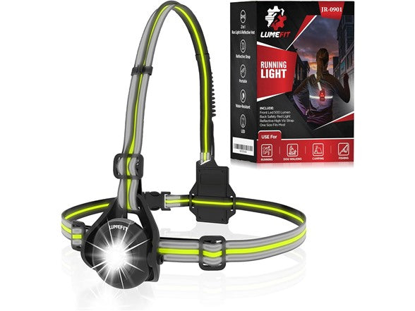 LUMEFIT Running Light for Runners with Yellow Reflective Vest, Adjustable Beam Night Safety LED Chest Light Run, Dog Walking, and Jogging Gear, Rechargeable Headlamp Flashligh
