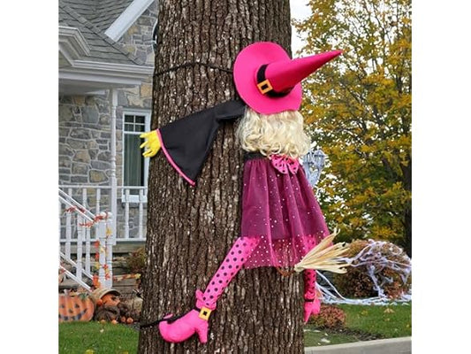 53" Crashing Witch Halloween Decoration - Funny Pink Witch Tree Prop for Yard, Porch, Door, Fence, Patio, Lawn, Garden - Indoor & Outdoor Hanging Halloween Decor