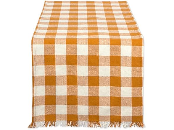 DII Heavyweight Fringed Check Tabletop Collection, Table Runner, 14x72, Pumpkin Spice