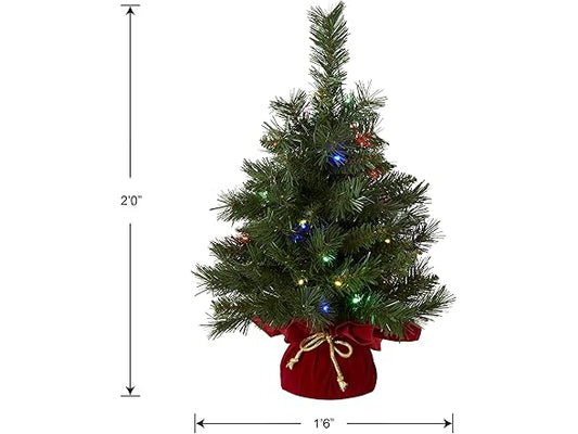 National Tree Company Pre-lit Artificial Mini Christmas Tree | Includes Multi-Color LED Lights and Cloth Bag Base | Majestic Fir - 2 ft