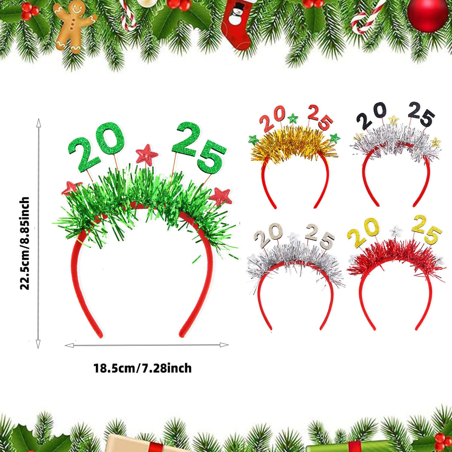 5 Packs Christmas Headbands 2025 New Year Hairband Xmas Glitter Hair HoopTinsel Hair Accessories For Christmas New Year Party Celebration Headdress Decorations