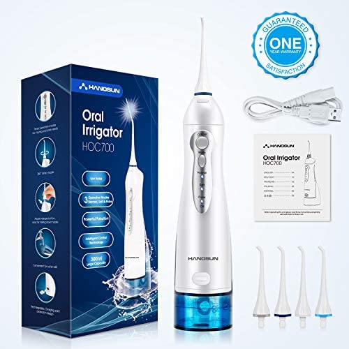 Hangsun Water Flosser Cordless Oral Irrigator Rechargeable Dental Water Jet HOC700 for Teeth Braces with 300ML Water Tank and 4