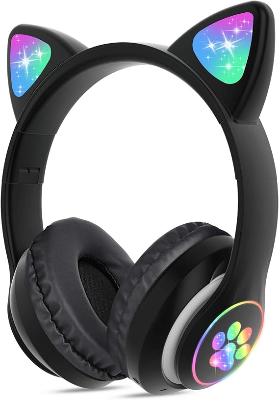 TCJJ Bluetooth 6.0 Cat Ear Kids Headphones for Girls, LED Light Up, 85dB Safe Volume Limit, Stereo Sound Toddler Foldable Wireless & 3.5mm Wired Headset with Mic for School, Tablet, Travel
