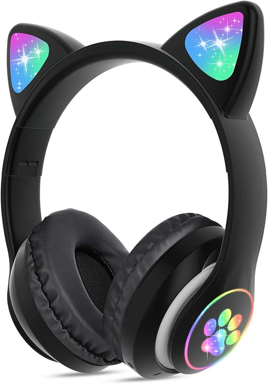 TCJJ Bluetooth 6.0 Cat Ear Kids Headphones for Girls, LED Light Up, 85dB Safe Volume Limit, Stereo Sound Toddler Foldable Wireless & 3.5mm Wired Headset with Mic for School, Tablet, Travel