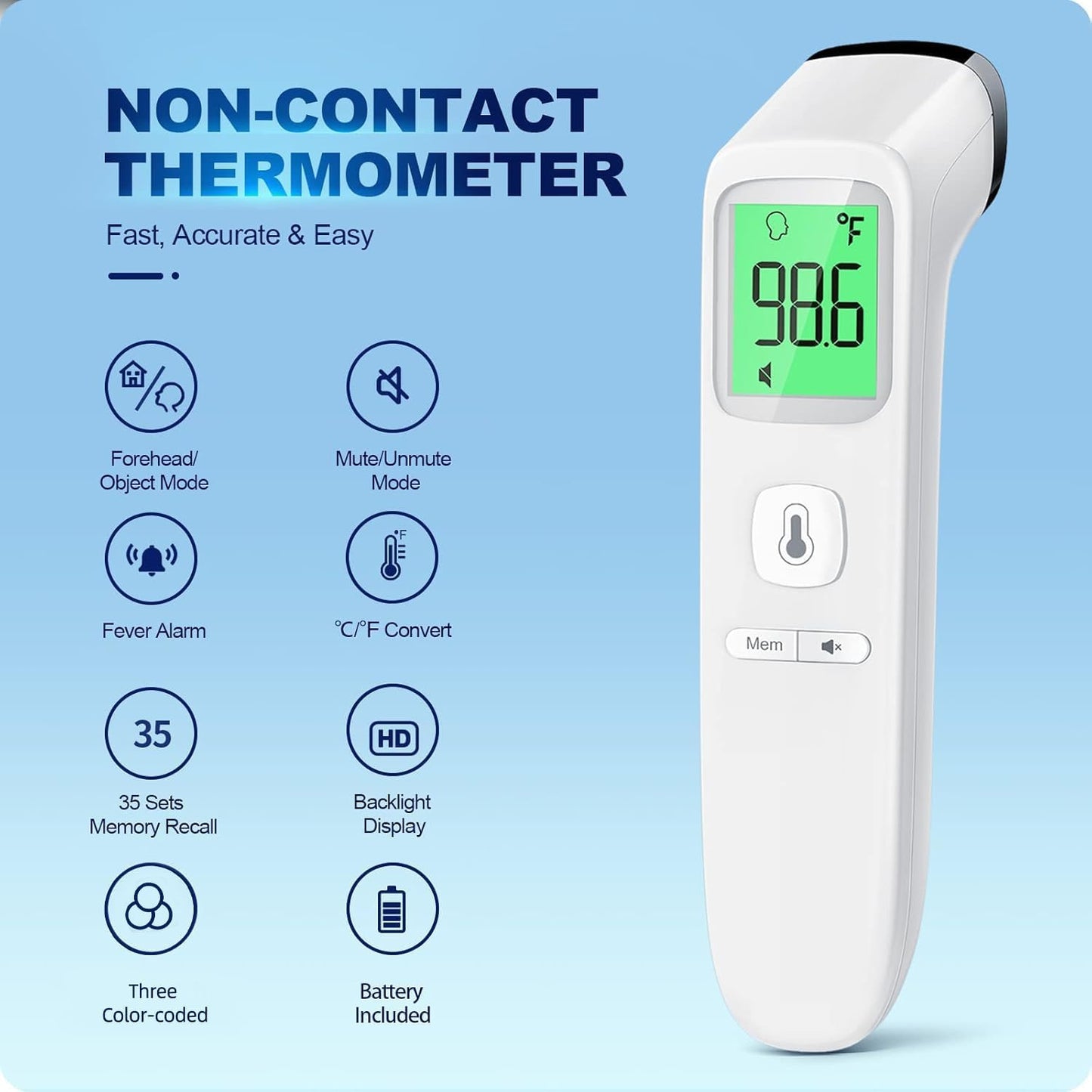 No-Touch Thermometer for Adults and Kids, Accurate Digital Baby Thermometer, Fever Alarm & Silent Mode, 2 in 1 Forehead