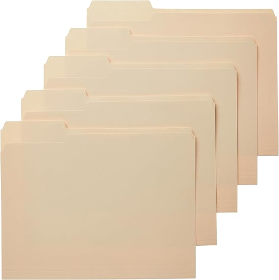 n Basics File Folders with Tabs for Filing, 1/3-Cut Tab, Assorted Positions, Letter Size, Manila, Pack of 100