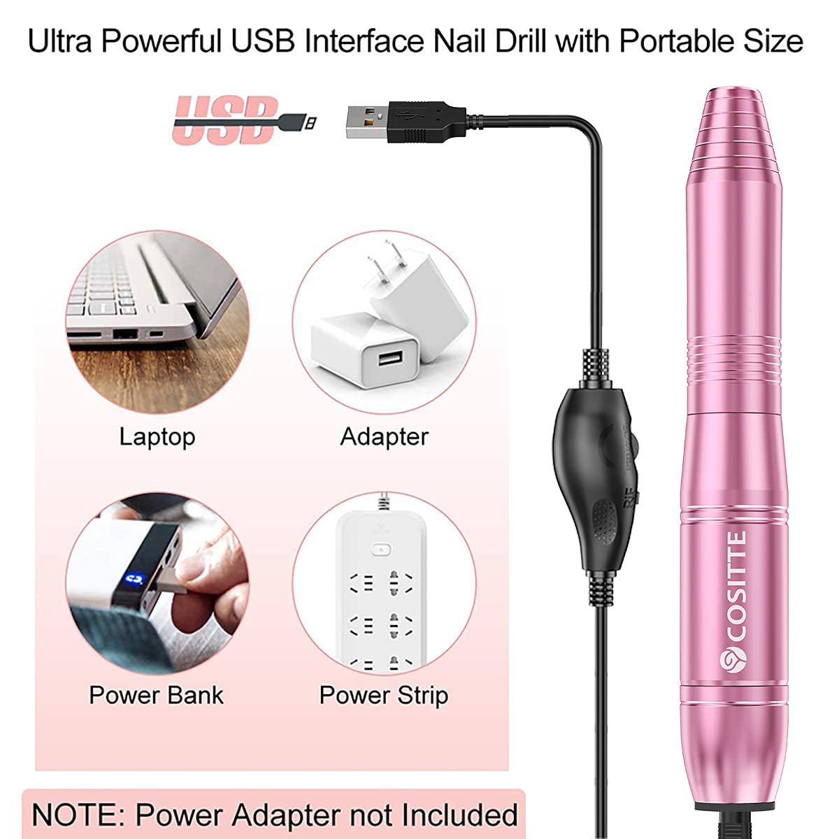Electric Nail Drill,USB Electric Nail Drill Machine for Acrylic Nail Kit,Portable Electric Nail File Polishing Tool Manicure Pedicure Kit Efile Nail Supplies for Home