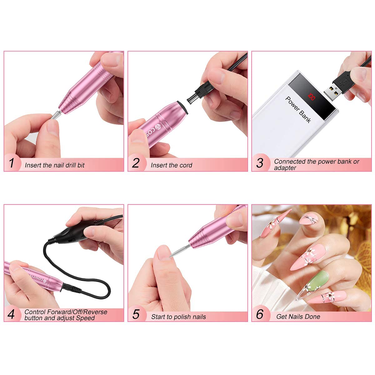 Electric Nail Drill,USB Electric Nail Drill Machine for Acrylic Nail Kit,Portable Electric Nail File Polishing Tool Manicure Pedicure Kit Efile Nail Supplies for Home