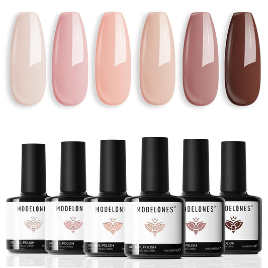 modelones Gel Nail Polish Kit -6 Colors Fall Winter Nude Pink Gel Polish Set Skin Tones Neutral Brown Soak Off Gel Nail Kit Manicure