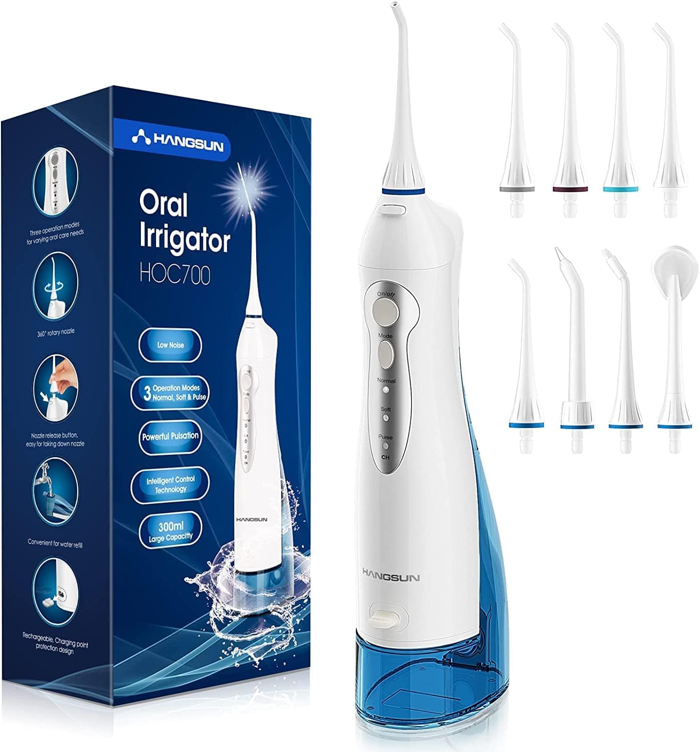 Hangsun Water Flosser Cordless Oral Irrigator Rechargeable Dental Water Jet HOC700 for Teeth Braces with 300ML Water Tank and 4
