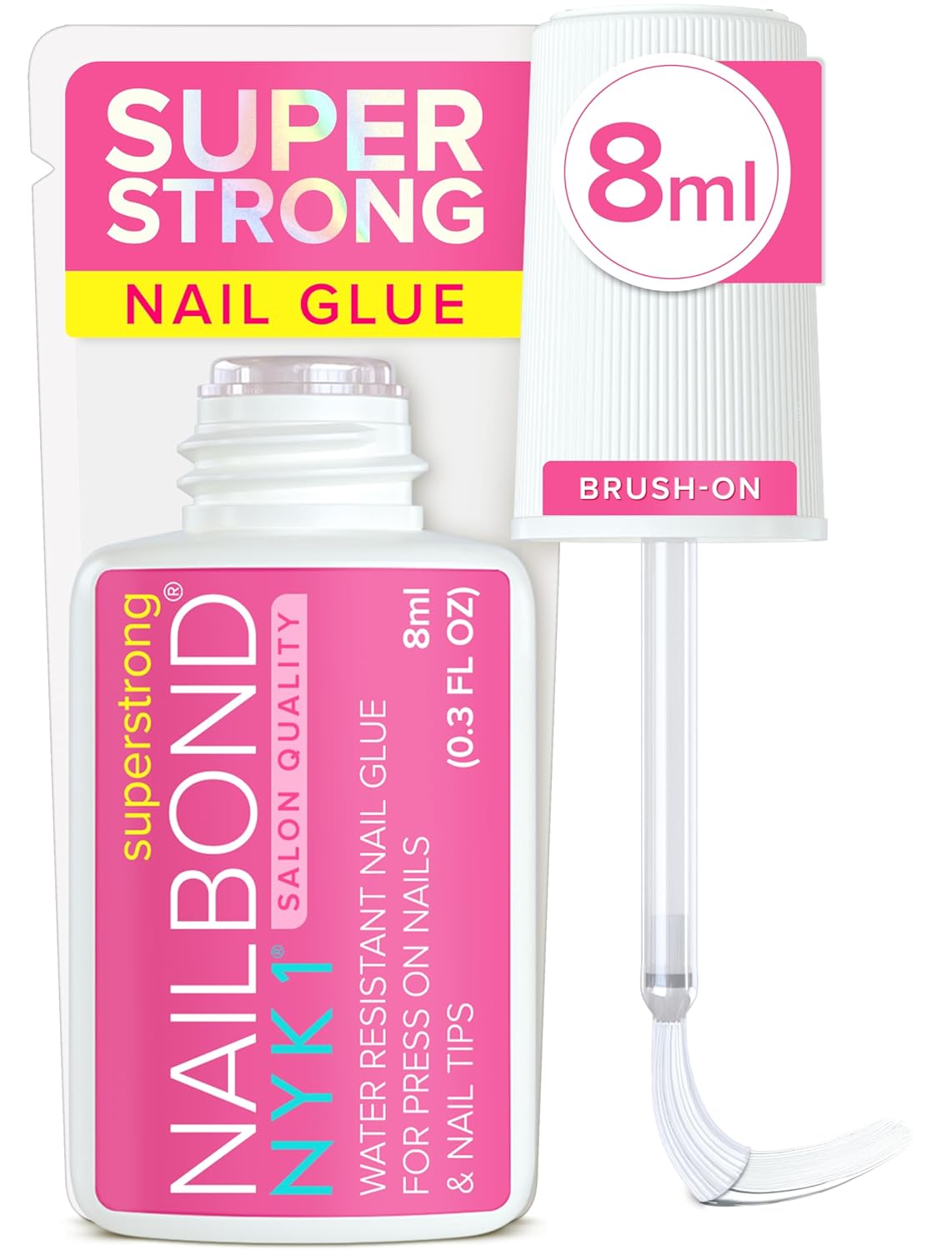 Super Strong Nail Glue for Press On Nails, Nail Tips & Acrylic Fake Nails (8ml) NYK1 NailBond Brush On Glue for Press Ons, Tips & Acrylics - Long Lasting,