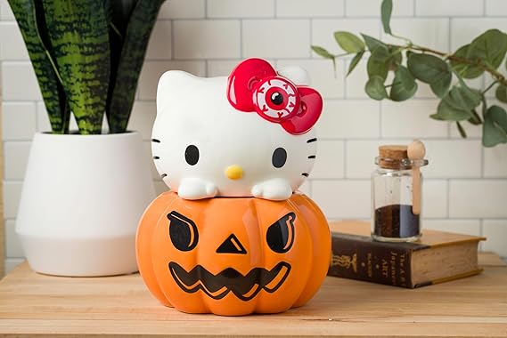 Silver Buffalo Sanrio Hello Kitty Halloween Pumpkin Jack O'Lantern 3D Sculpted Ceramic Cookie Snack Candy Jar (Medium)