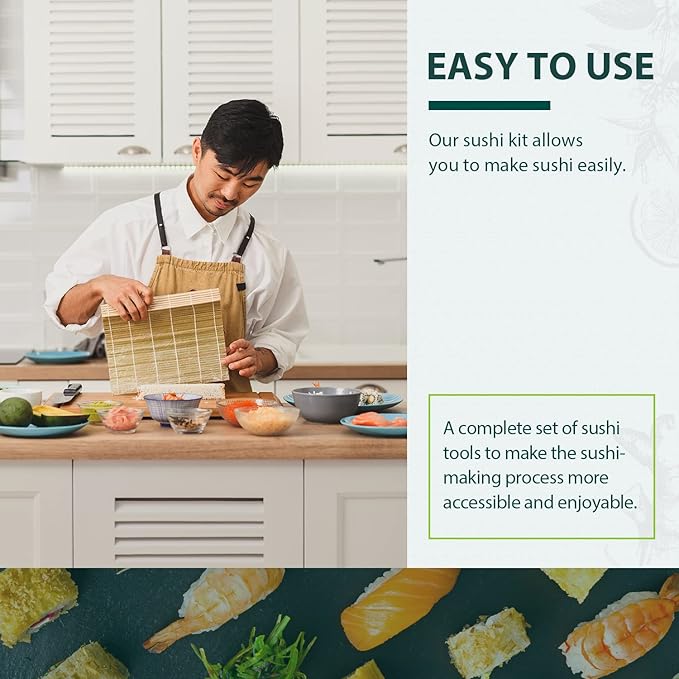 Soeos Beginner Sushi Making Kit, 10 Piece Bamboo Sushi Kit with 2 Bamboo Rolling Mats, 5 Pairs Chopsticks, Paddle, and Spreader, All Natural, Sushi Making Kit Gift Set, Sushi Maker Kit, Sushi Maker.