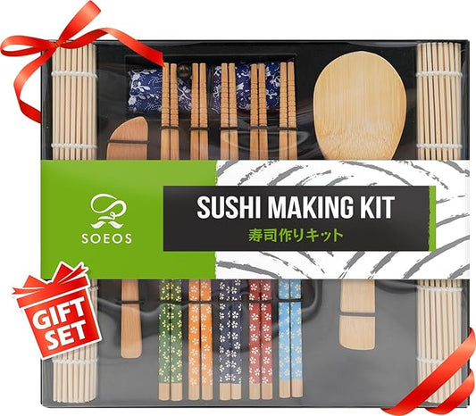 Soeos Beginner Sushi Making Kit, 10 Piece Bamboo Sushi Kit with 2 Bamboo Rolling Mats, 5 Pairs Chopsticks, Paddle, and Spreader, All Natural, Sushi Making Kit Gift Set, Sushi Maker Kit, Sushi Maker.