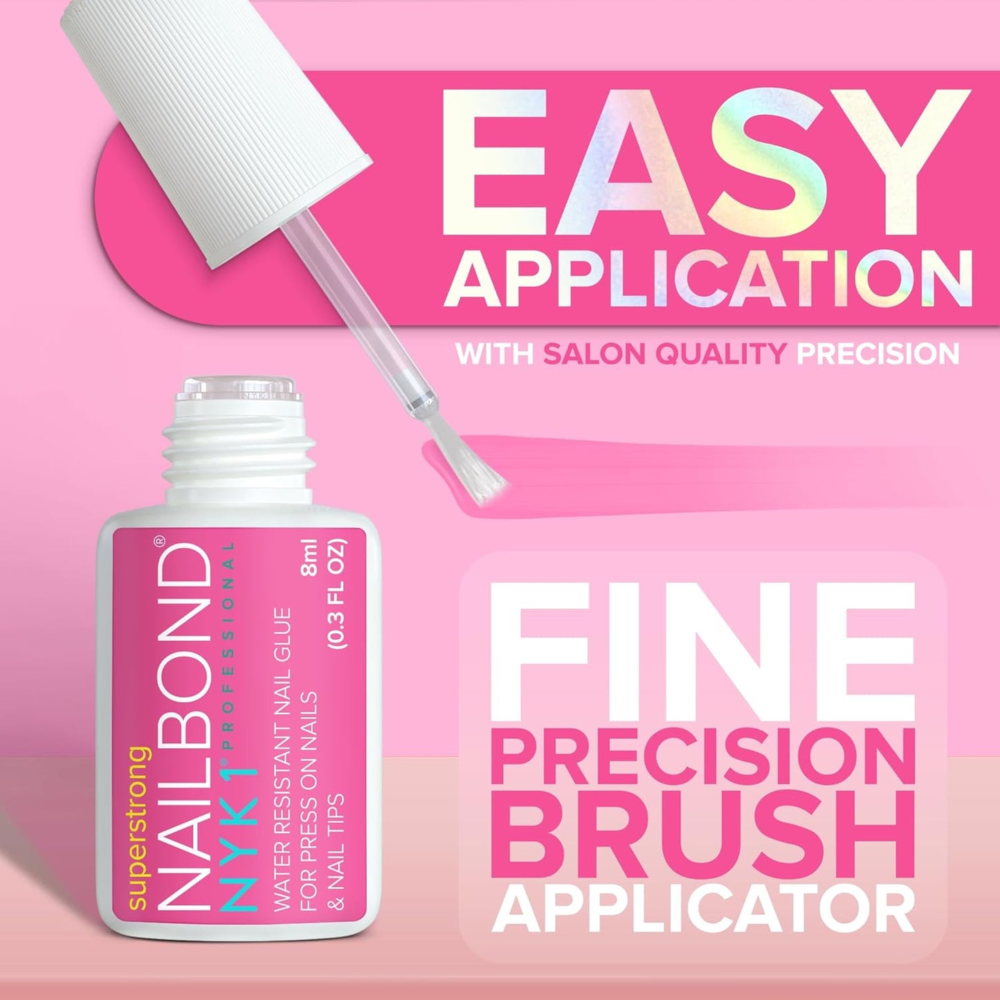 Super Strong Nail Glue for Press On Nails, Nail Tips & Acrylic Fake Nails (8ml) NYK1 NailBond Brush On Glue for Press Ons, Tips & Acrylics - Long Lasting,