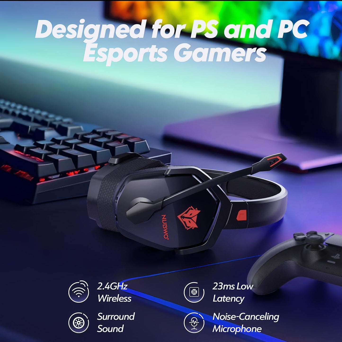 NUBWO Wireless Gaming Headset with Mic for Ps5 Ps4 PC, Zero Interference, 100-Hour Battery All-Day Play, 23ms Sync for Fortnite & Call of Duty/FPS Gamers, Triple Mode All Devices Compatible - Red