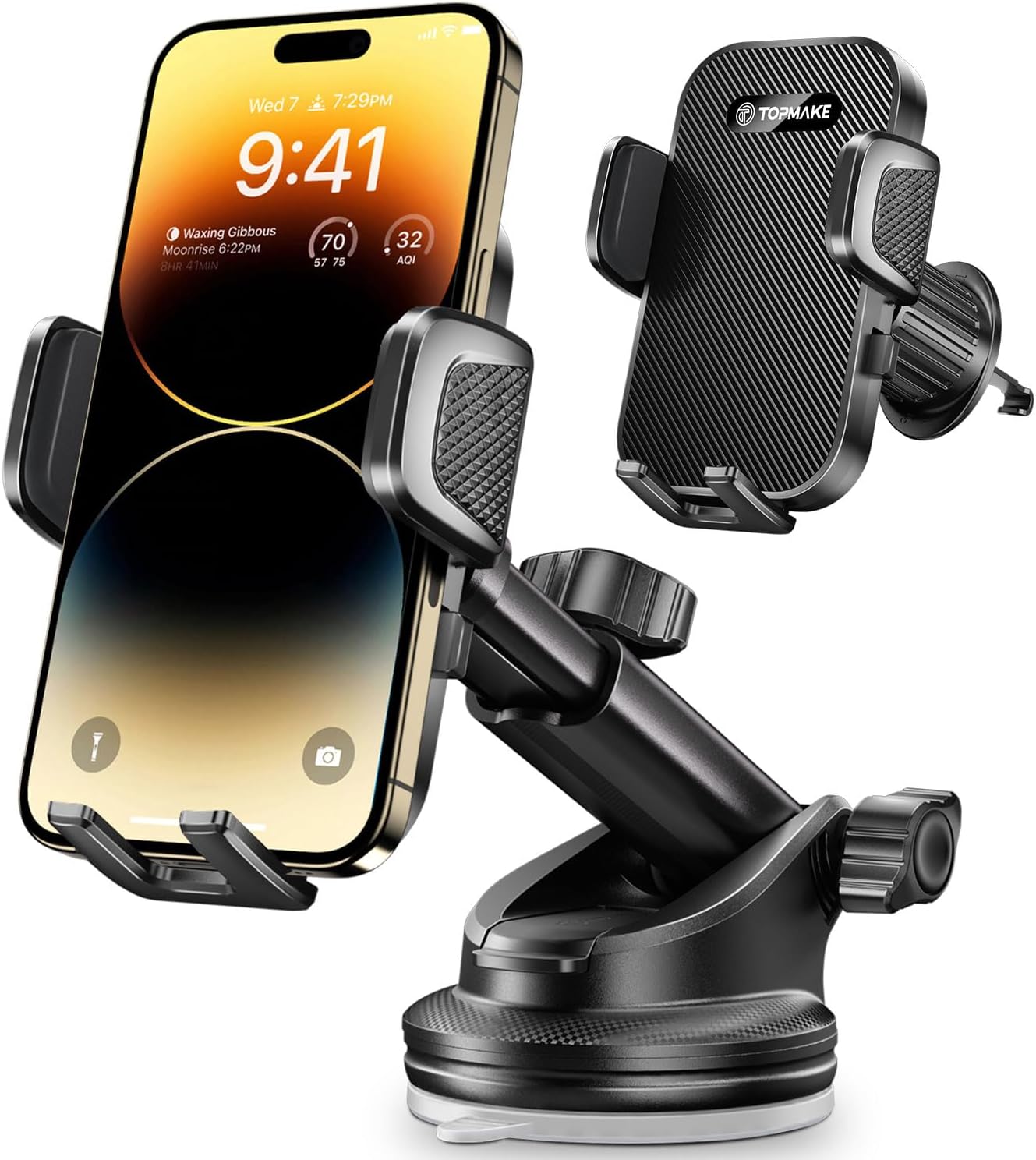 Topmake Car Phone Holder Mount,【2025 Upgrade】 3-in-1 Cell Phone Holder for Car, Dashboard Windshield, Suction Cup Hands-Free Car Phone Stand, Automobile Cradles