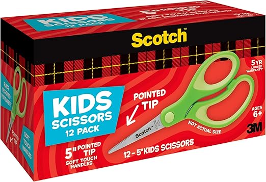 Scotch 5" Soft Touch Pointed Tip Kids Scissors, 12 Count Teacher’s Pack, Green, All-Purpose Scissors for School and Crafts (1442P-12)
