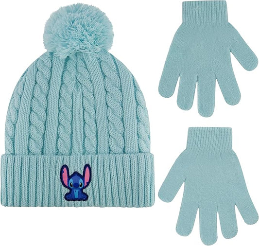 Disney Stitch Beanie Hat and Gloves Set, Girls Cuffed Winter Cable Knit Cap with Pom and Matching Mittens, Mint, One Size
