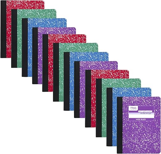 Mead Composition Notebooks, 12 Pack, Wide Ruled Paper, 9-3/4" x 7-1/2", 100 Sheets per Comp Book, Color Will Vary (73389)