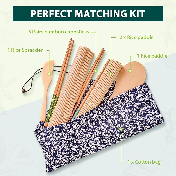Soeos Beginner Sushi Making Kit, 10 Piece Bamboo Sushi Kit with 2 Bamboo Rolling Mats, 5 Pairs Chopsticks, Paddle, and Spreader, All Natural, Sushi Making Kit Gift Set, Sushi Maker Kit, Sushi Maker.
