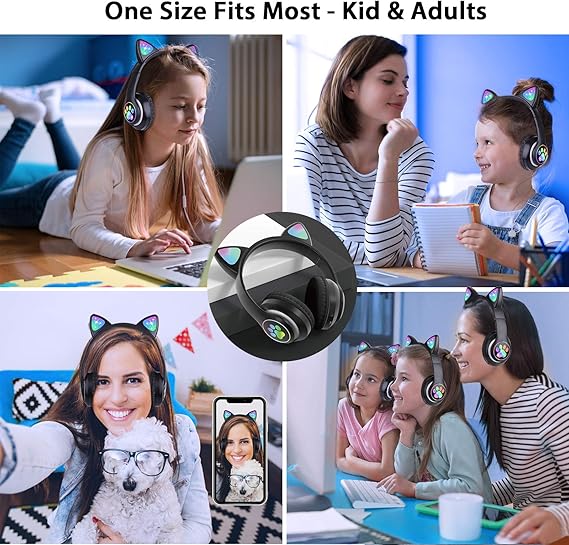 TCJJ Bluetooth 6.0 Cat Ear Kids Headphones for Girls, LED Light Up, 85dB Safe Volume Limit, Stereo Sound Toddler Foldable Wireless & 3.5mm Wired Headset with Mic for School, Tablet, Travel