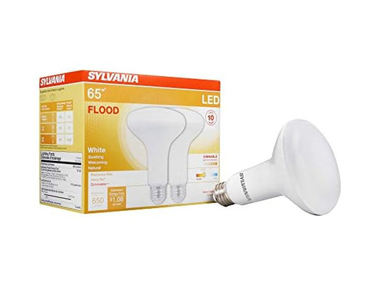 SYLVANIA LED Flood Light Bulb, 65W Equivalent BR30, Efficient 8W*, 10 Year, Dimmable, Frosted Finish, 650 Lumens, White (40337), 2 Count (Pack of 1)