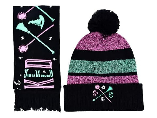 Wicked Beanie Hat and Scarf Set for Adults with Cuffed Knit Cap, Pom, Wand and Broomstick Design