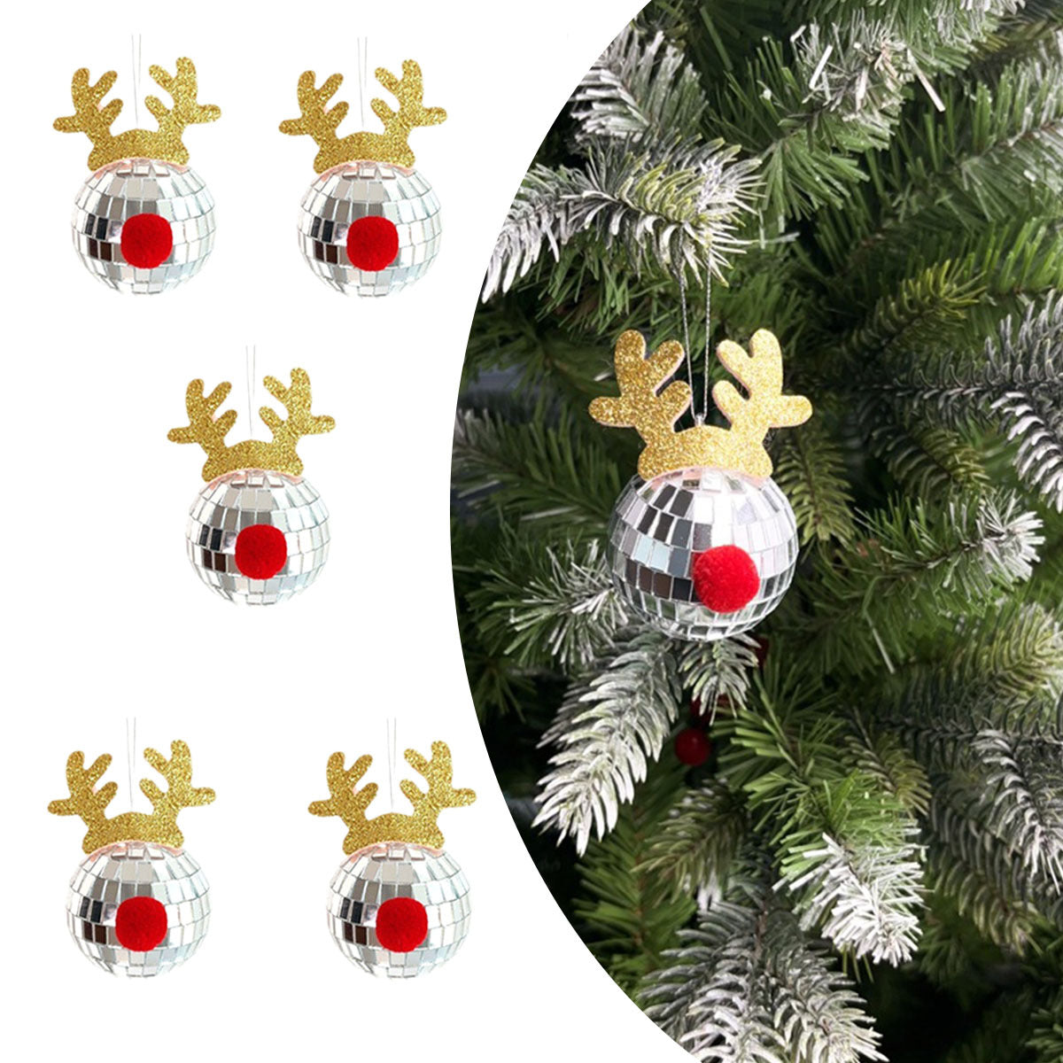 5 Pcs Christmas Silver Disco Mirror Ball With Rope Reflective Mirror Ball Hanging Bright Elk Horns Xmas Ball Ornament For Christmas Tree Birthday Wedding Party Dance Music Festivals Decor Supplies
