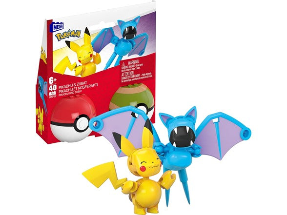 MEGA Pokémon Building Toys Set Pikachu & Zubat with 40 Pieces, 2 Poseable Characters and Poké Ball, 2 Inches Tall, for Kids