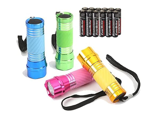 EverBrite 4-Pack Mini LED Aluminum Flashlight Party Favors Colors Assorted for Hurricane Supplies with Handle Glow in Dark