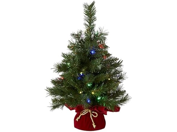 National Tree Company Pre-lit Artificial Mini Christmas Tree | Includes Multi-Color LED Lights and Cloth Bag Base | Majestic Fir - 2 ft