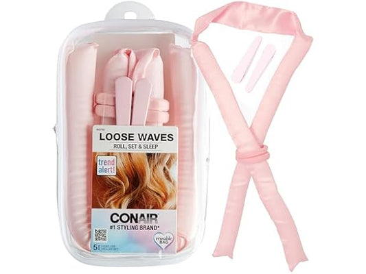 Conair Satin Heatless Curls Set - Heatless curls overnight- heatless curls headband - includes 1 Long Satin Roller, 2 Ponytailers, and 2 Clips