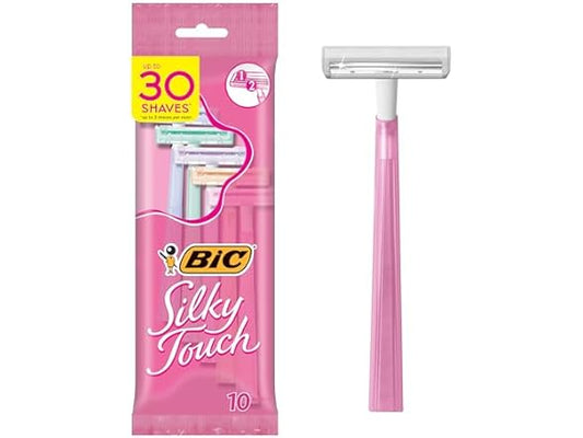 BIC Silky Touch Women's Disposable Razors, With 2 Blades, Pretty Pastel Razor Handles, 10 Count (Pack of 1)