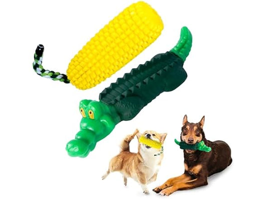Dog Chew Toys for Aggressive Chewers 2 Pack, Cartoon Alligator and Corn-Shaped Squeak Interactive Dog Toys, Heavy Duty Rubber Chew Toy, Durable Dog Toys for Medium and Large Dog Breeds
