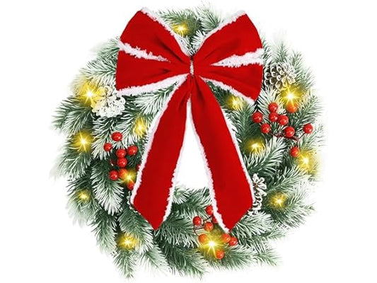 Pinkpum Lighted Christmas Wreath for Front Door Decor 16.5" Green Winter Wreath with LED String Lights for Home Wall Window Porch Farmhouse Indoor Outdoor Decorations Berries Pine Cones Bow 1 Pack