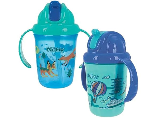 Nuby No-Spill Trainer Soft Straw Two Handle Cup | Flip-n Sip | 2 Pack: Blue Animals & Blue Cars, Aqua Travel & Blue Animals or Pink Animals & Aqua Ocean | 8oz/ 240 ml | 12+ Months