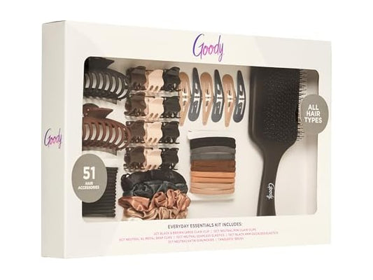 Goody Hair Accessories Kit, Everyday Essentials for Women - 51 PC Neutral Color Set for All Types - Ouchless Damage-Free Ties, SlideProof Claw Clips, Snap Clips, Scrunchies, Tanglefix Brush